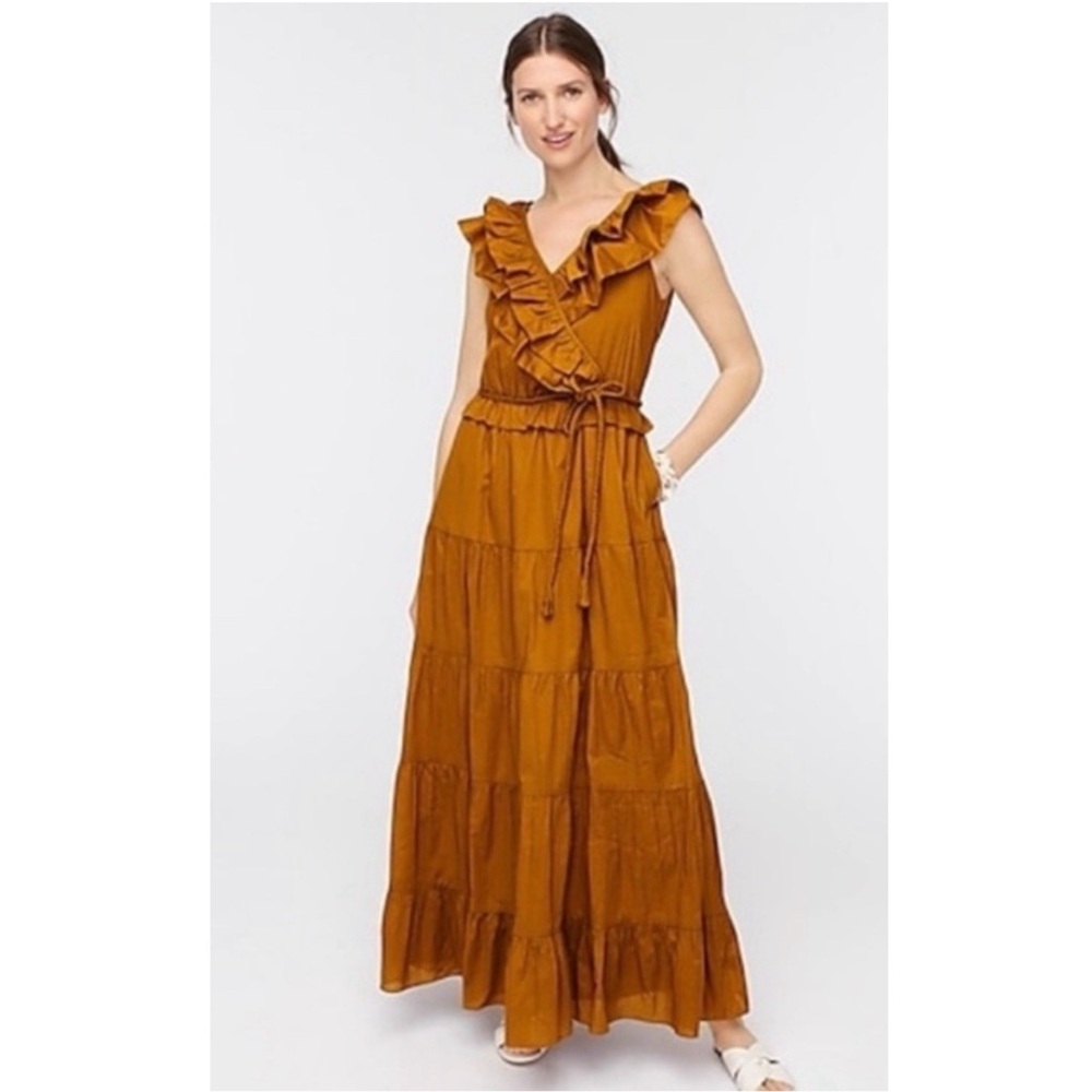 J. Crew Nina Boho Ruffled Romantic Prairie Maxi Dress Gold Bronze V Neck Sz 2 - Picture 11 of 11